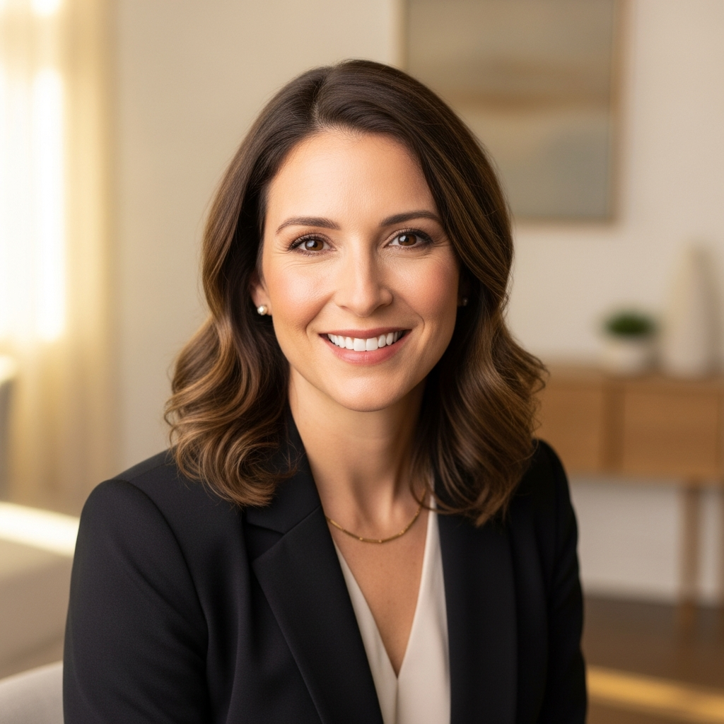 Professional woman realtor in dark blazer, arms crossed confidently, against a neutral warm-gray studio background. Sharp, editorial portrait lighting. South Florida luxury real estate agent energy — poised, approachable, polished.