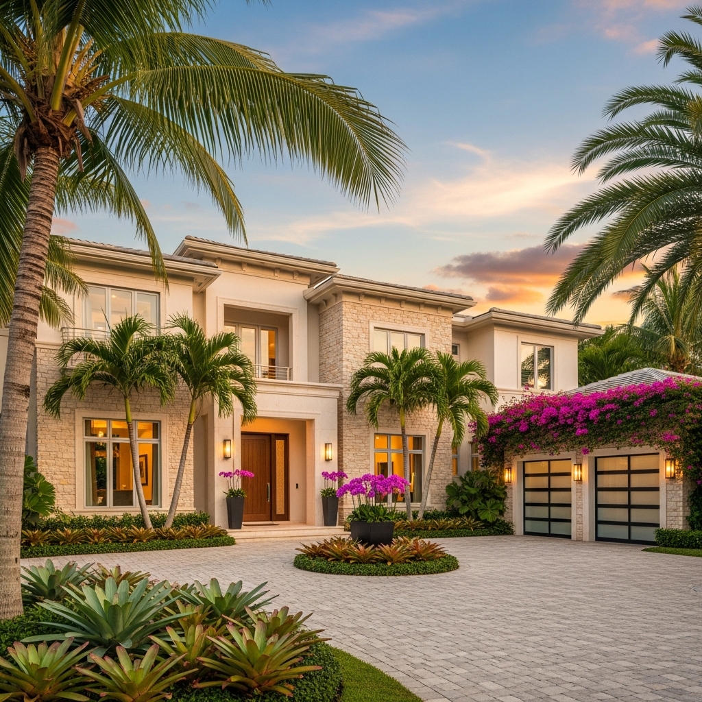 Premium luxury home exterior in Fort Lauderdale FL. High-end two-story residence on NE 15th Street, upscale neighborhood, lush tropical landscaping, golden hour lighting. $2M+ luxury real estate photography style.