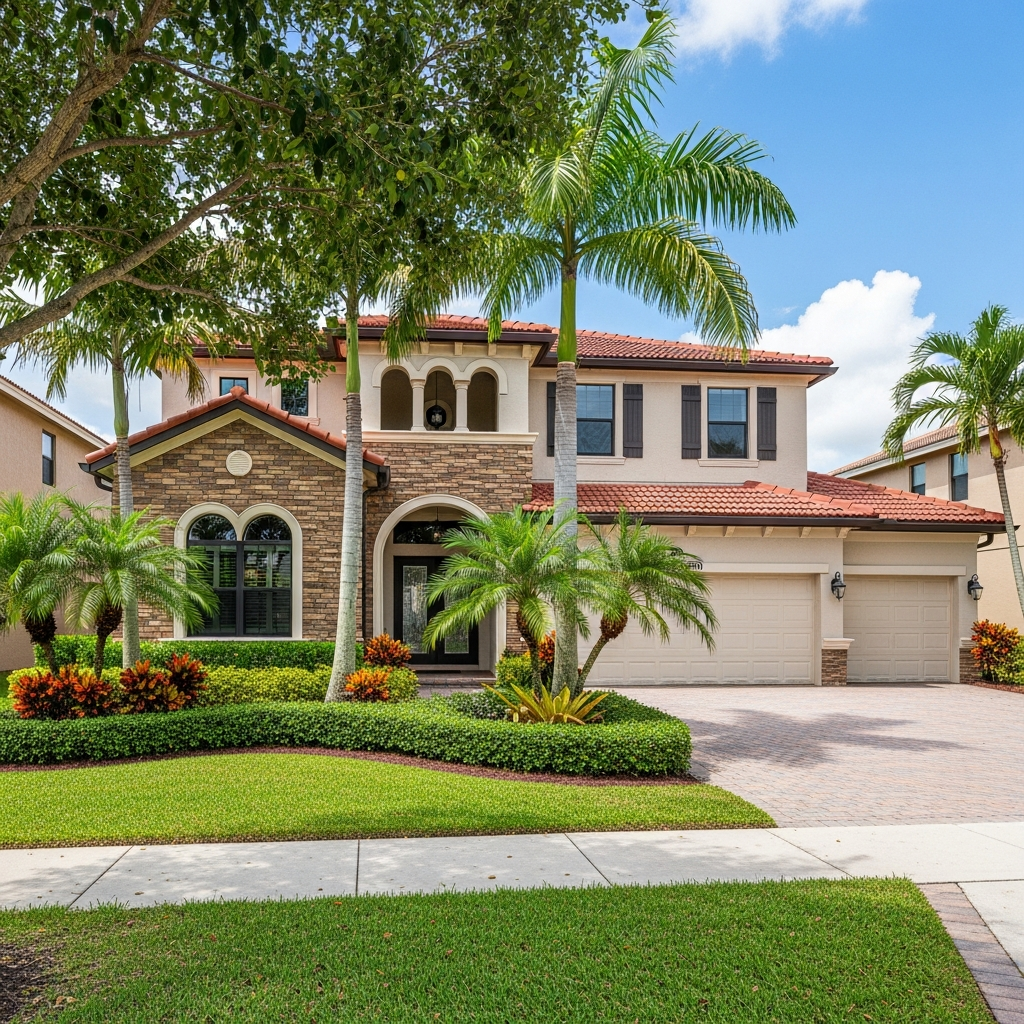 South Florida suburban home exterior in Plantation FL. Well-composed two-story residential home with mature landscaping, wide driveway, bright Florida sky. Bright and spacious curb appeal.