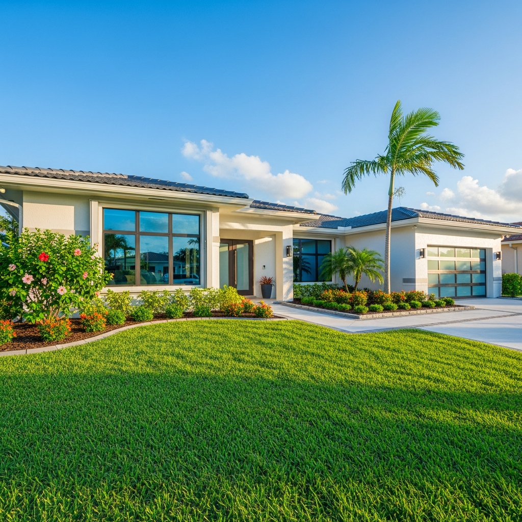 Modern South Florida single-family home exterior in bright afternoon sun. Tamarac FL residential neighborhood. Lush green lawn, clean driveway, blue sky. Warm, inviting, well-maintained suburban home.