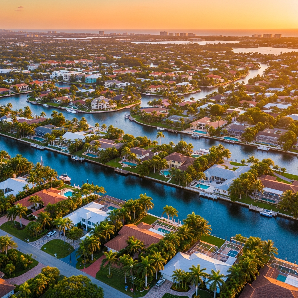 Aerial drone view of South Florida coastal residential neighborhoods at golden hour. Mix of suburban homes and waterways near Fort Lauderdale or Davie FL. Warm orange and gold sunset tones, lush green canopy, blue water inlets. Cinematic, aspirational.
