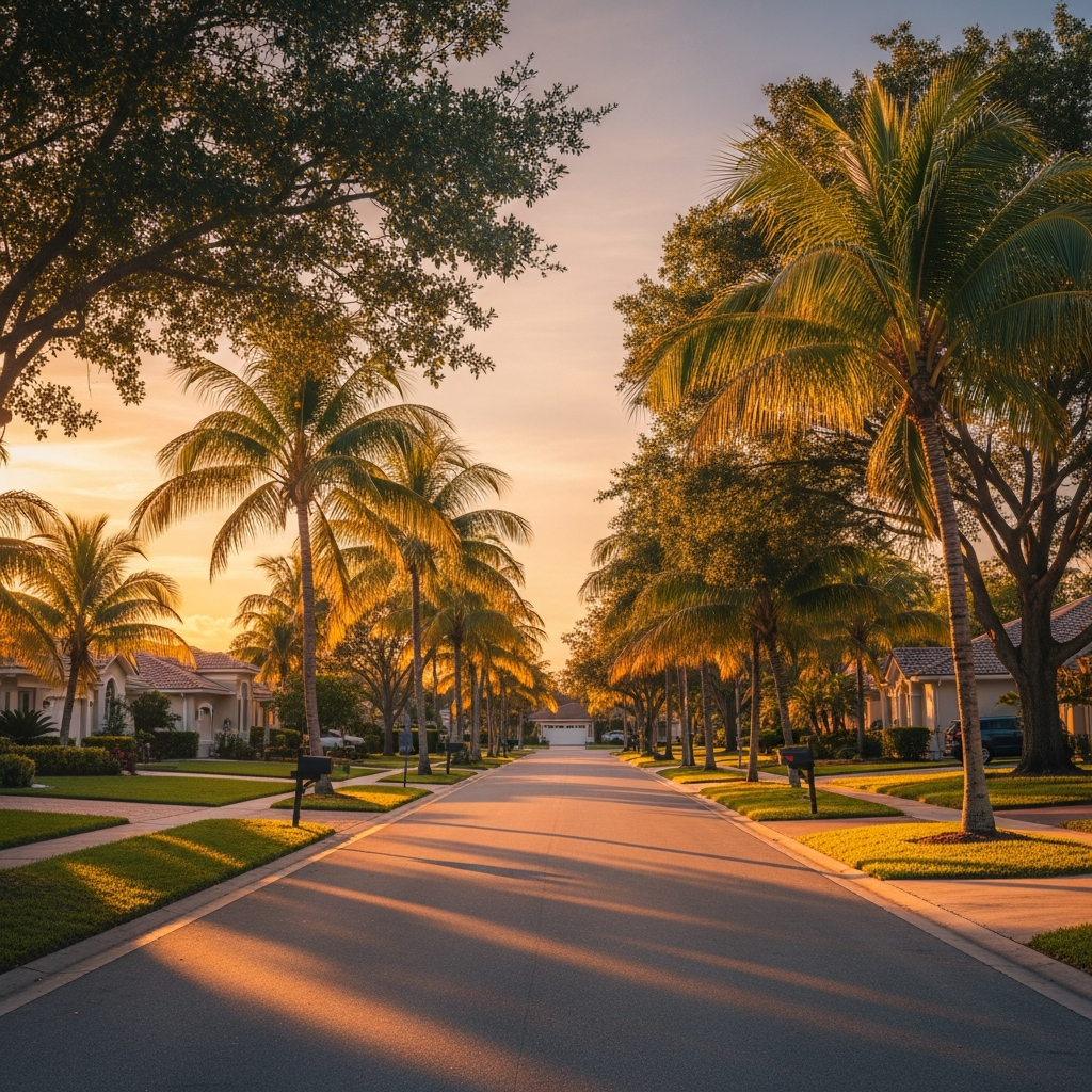 South Florida neighborhood street scene at golden hour. Tree-lined residential street near Fort Lauderdale or Davie FL, warm afternoon sunlight filtering through tropical palms, inviting suburban homes. Warm, aspirational, community feel.